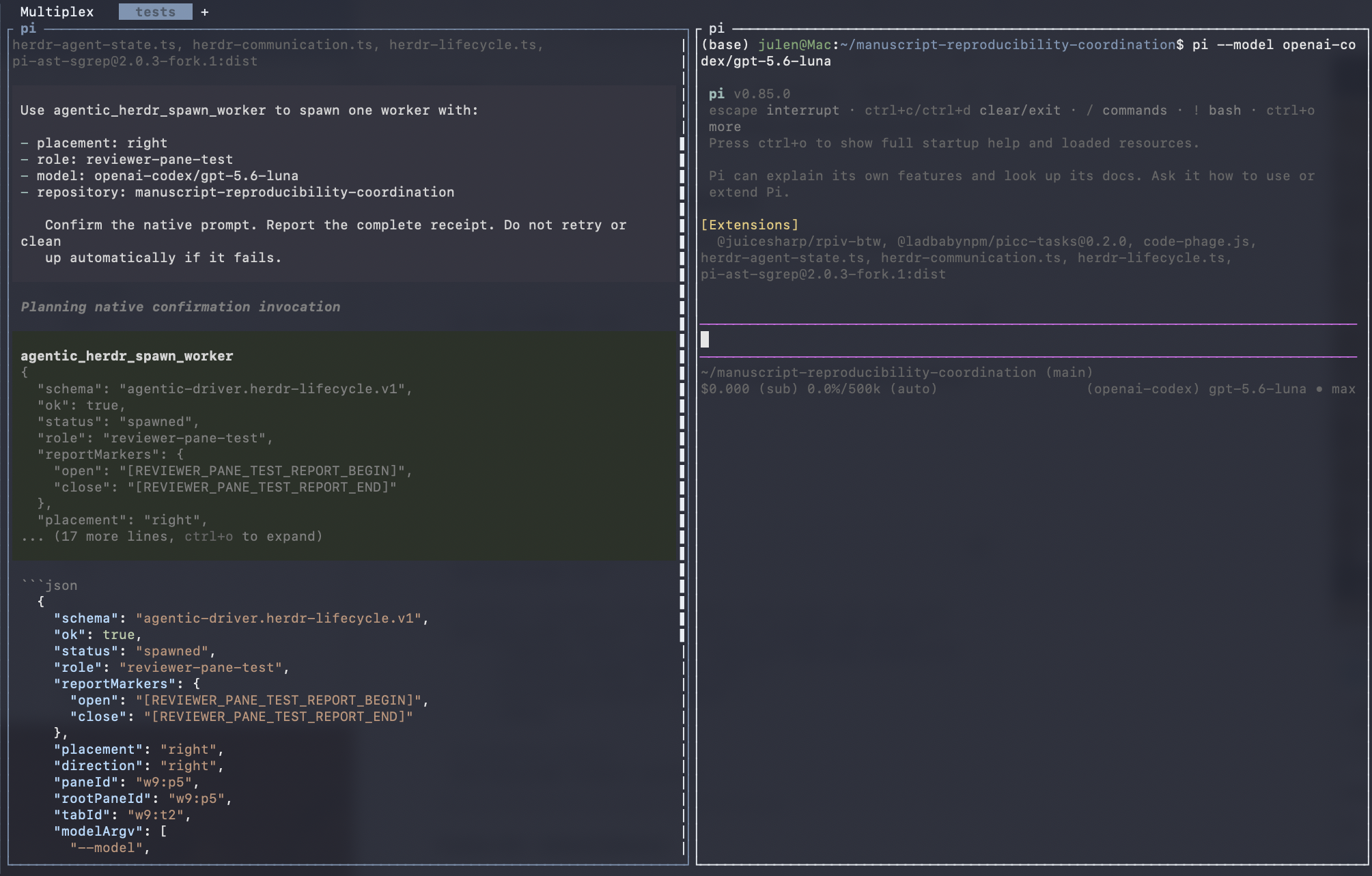 Pi spawning a reviewer in a right-hand Herdr pane