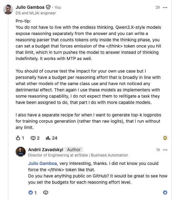 LinkedIn discussion explaining how to bound the thinking phase of Qwen models